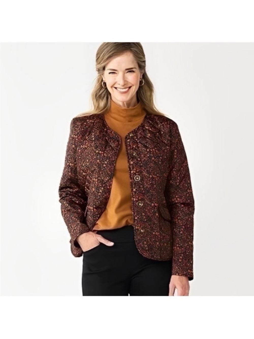 NWT Croft & Barrow Brown Red Leaf Printed Quilted Jacket S